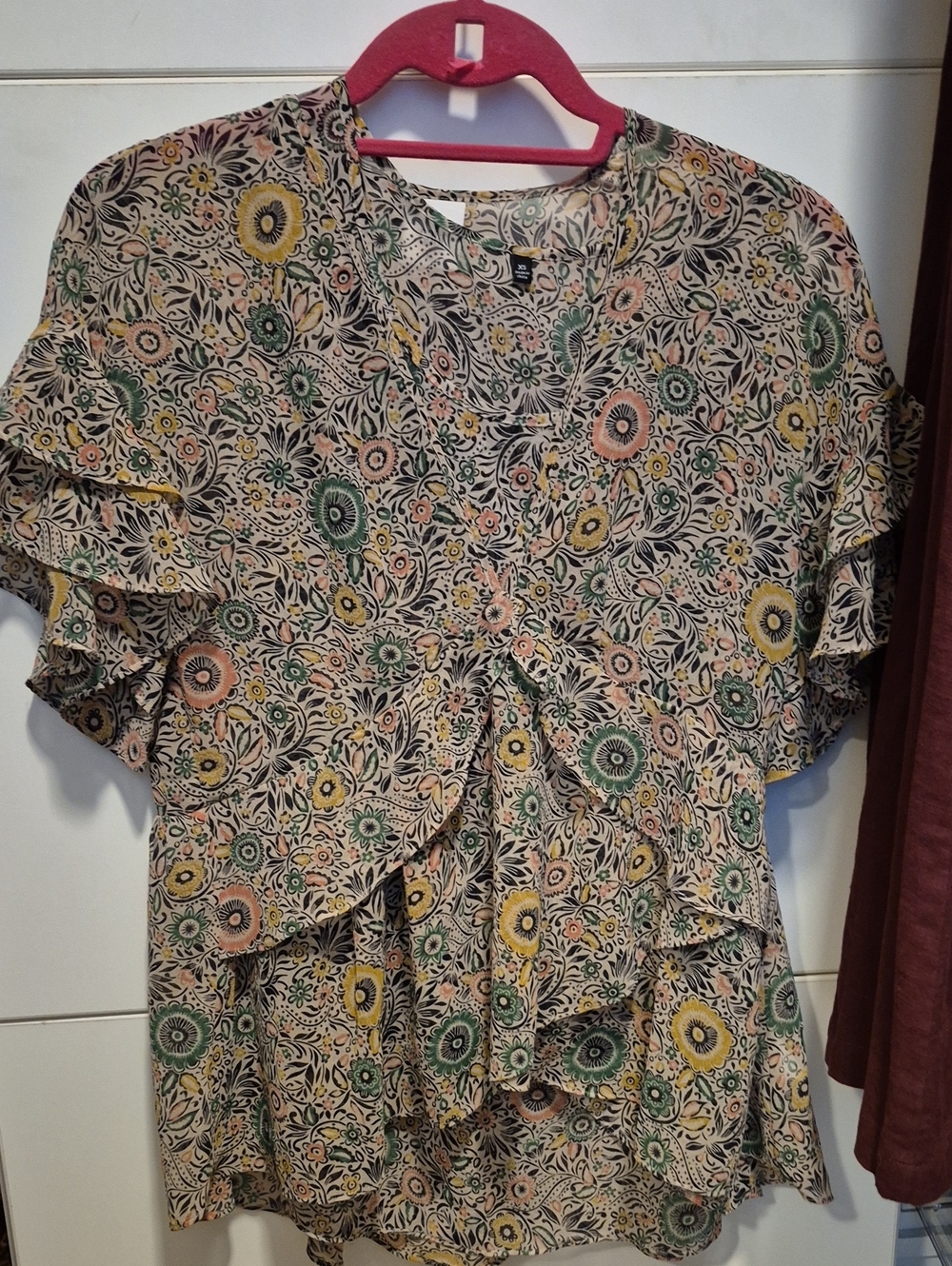 CAbi Floral Ruffle Blouse in Cream, Green & Yellow